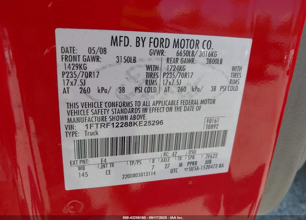 2008 FORD F-150 STX/XL/XLT VIN: 1FTRF12288KE25296
