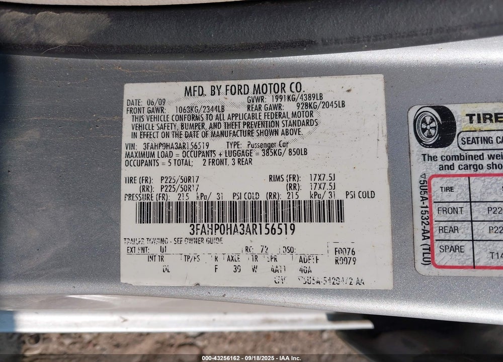 2010 FORD FUSION VIN: 3FAHP0HA3AR156519