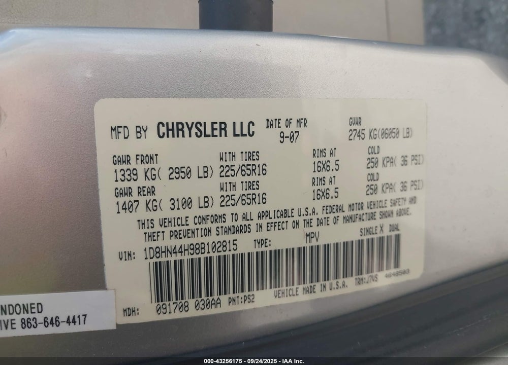 2008 DODGE GRAND CARAVAN SE VIN: 1D8HN44H98B102815