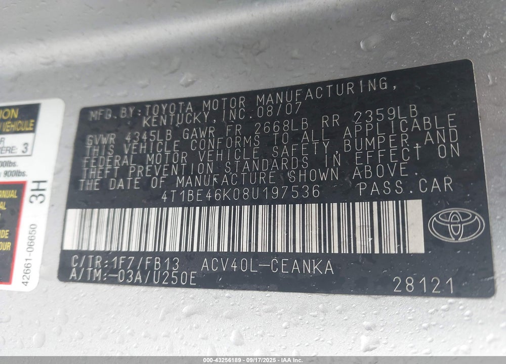 2008 TOYOTA CAMRY VIN: 4T1BE46K08U197536