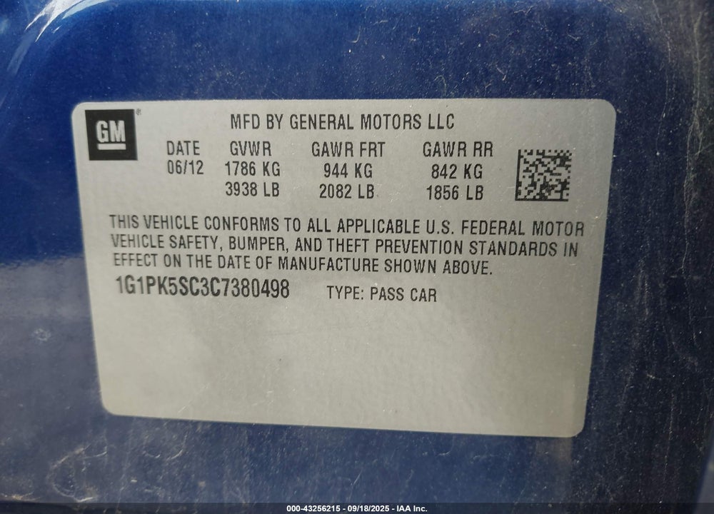 2012 CHEVROLET CRUZE ECO VIN: 1G1PK5SC3C7380498