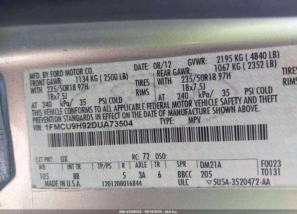 2013 FORD ESCAPE VIN: 1FMCU9H92DUA73504