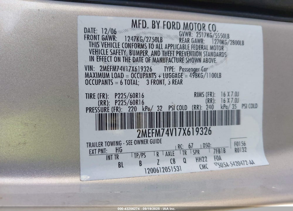 2007 MERCURY GRAND MARQUIS VIN: 2MEFM74V17X619326