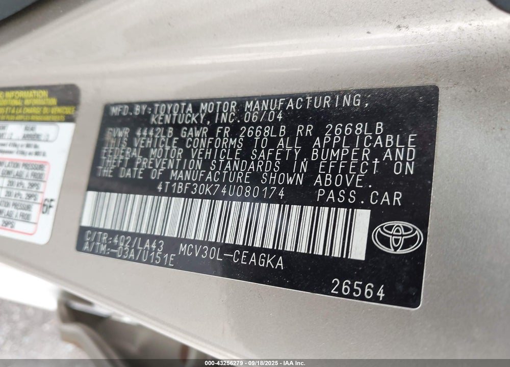2004 TOYOTA CAMRY XLE V6 VIN: 4T1BF30K74U080174