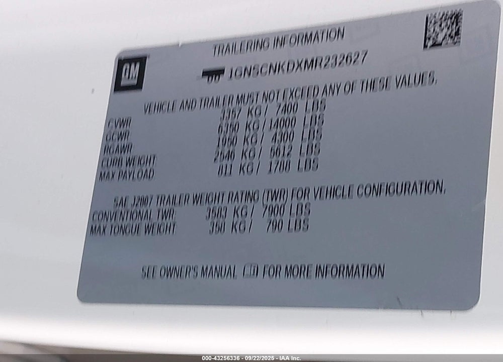 2021 CHEVROLET TAHOE VIN: 1GNSCNKDXMR232627
