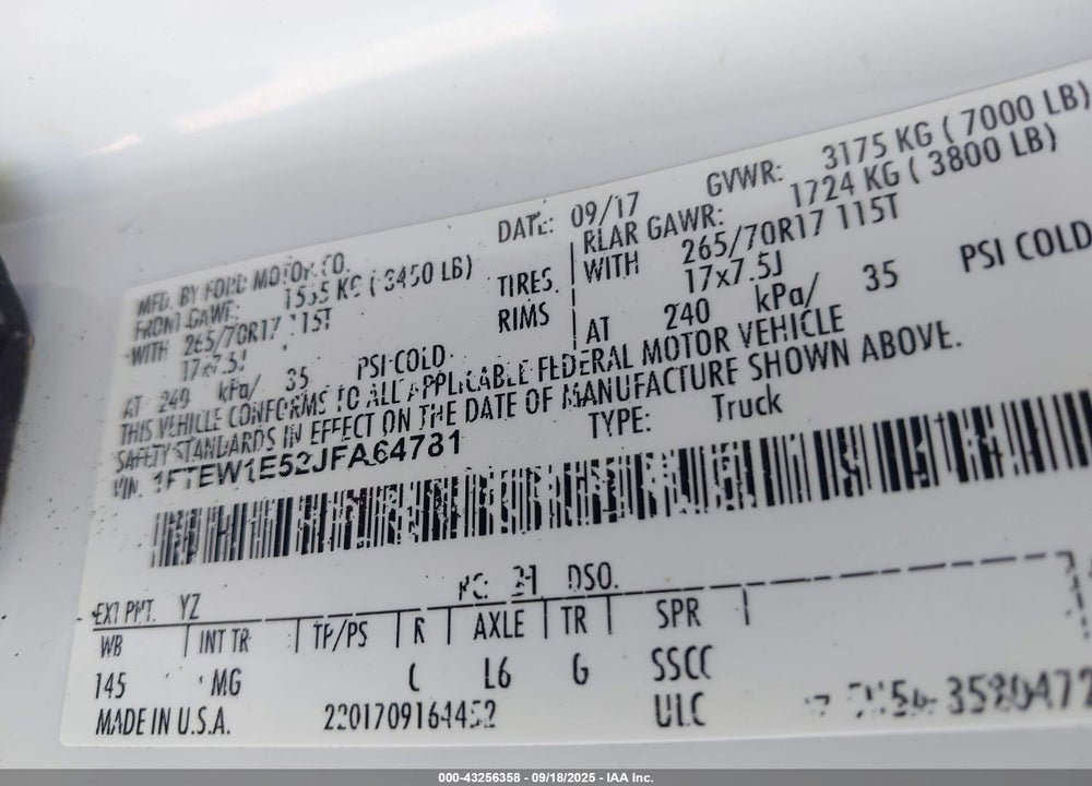 2018 FORD F-150 VIN: 1FTEW1E52JFA64781