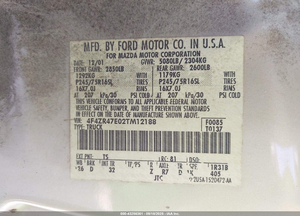 2002 MAZDA B4000 VIN: 4F4ZR47E02TM12188