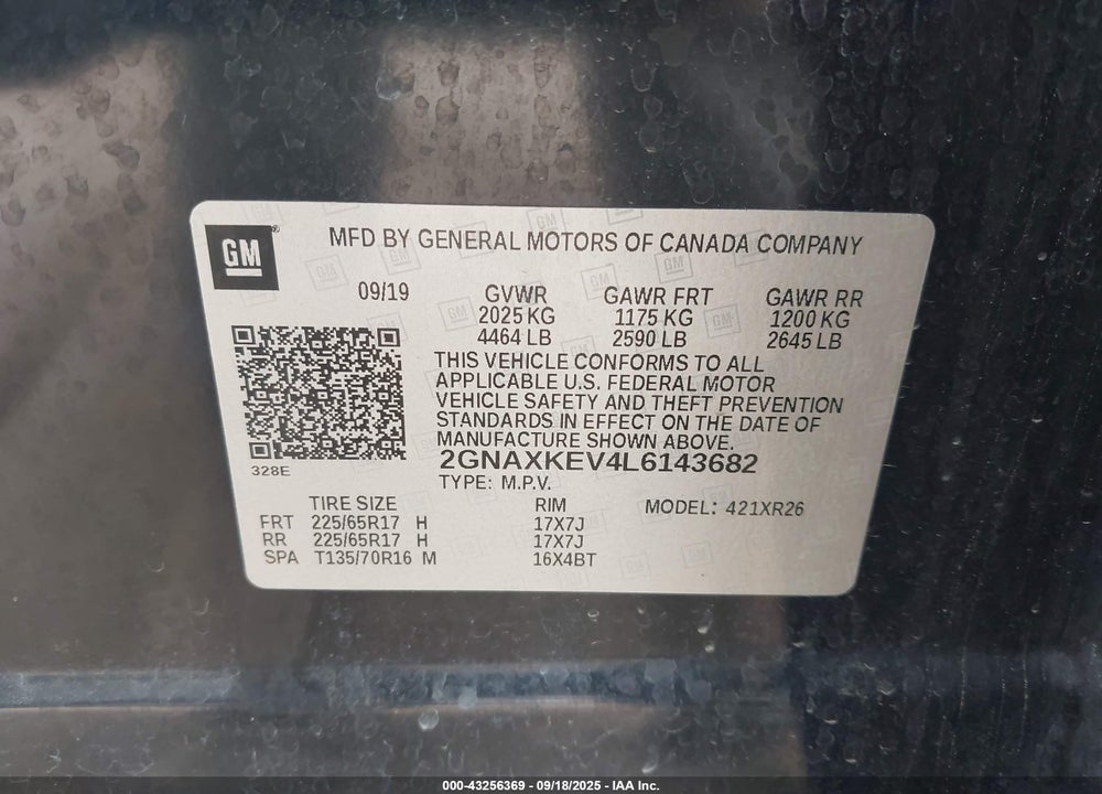 2020 CHEVROLET EQUINOX VIN: 2GNAXKEV4L6143682