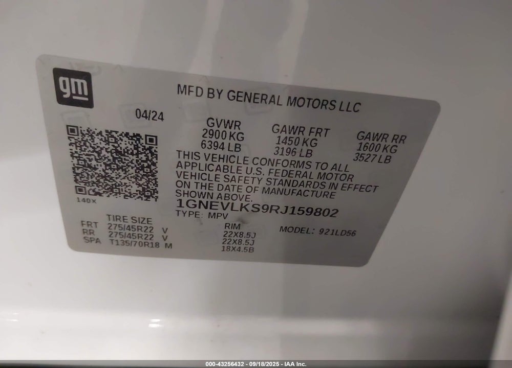 2024 CHEVROLET TRAVERSE AWD RS VIN: 1GNEVLKS9RJ159802