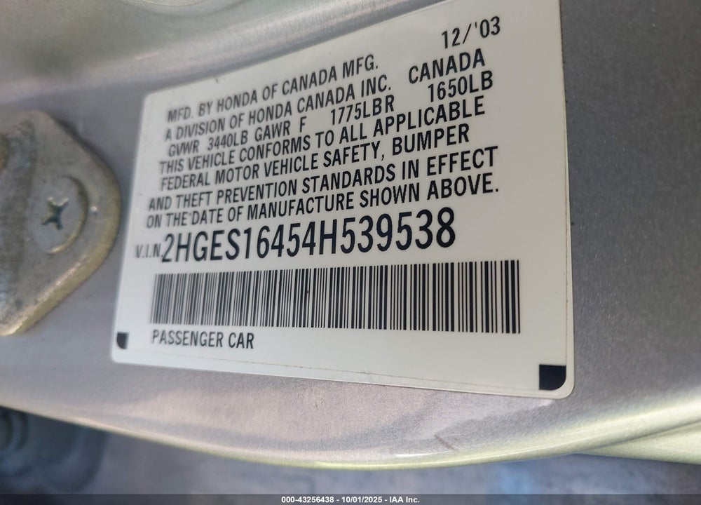 2004 HONDA CIVIC VIN: 2HGES16454H539538