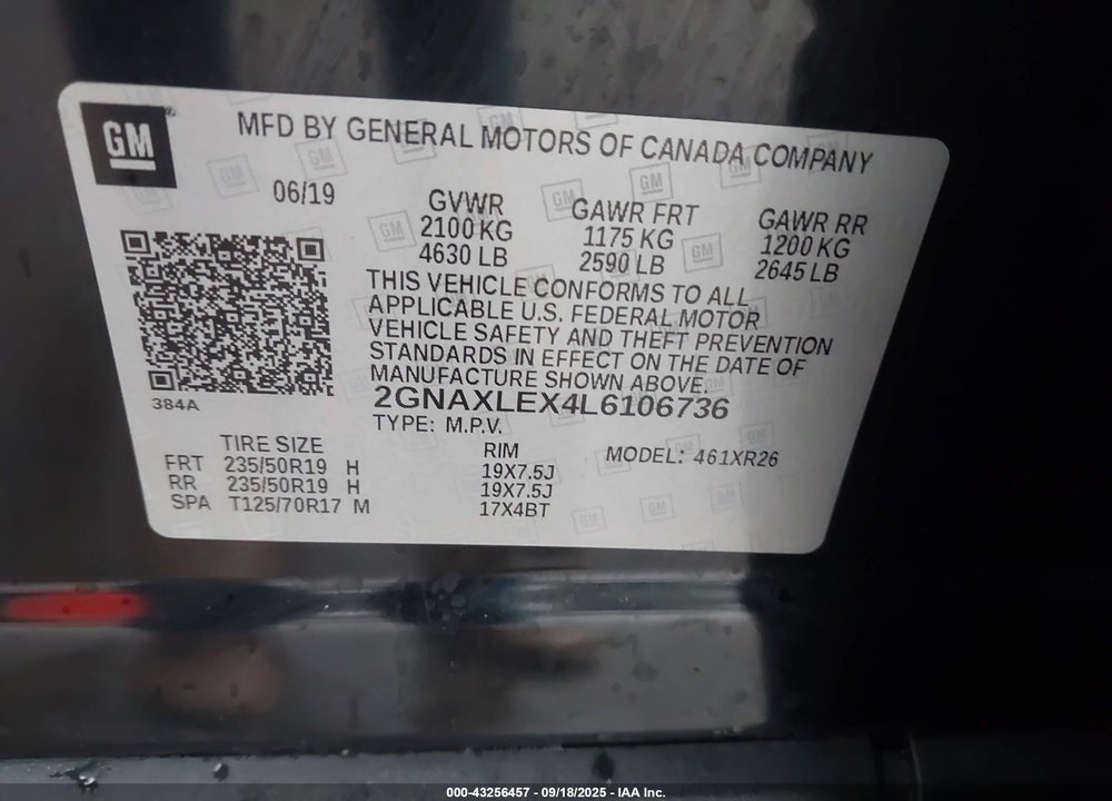 2020 CHEVROLET EQUINOX VIN: 2GNAXLEX4L6106736