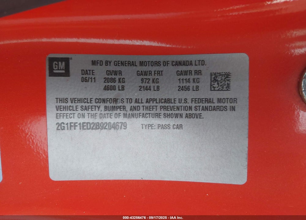 2011 CHEVROLET CAMARO VIN: 2G1FF1ED2B9204679
