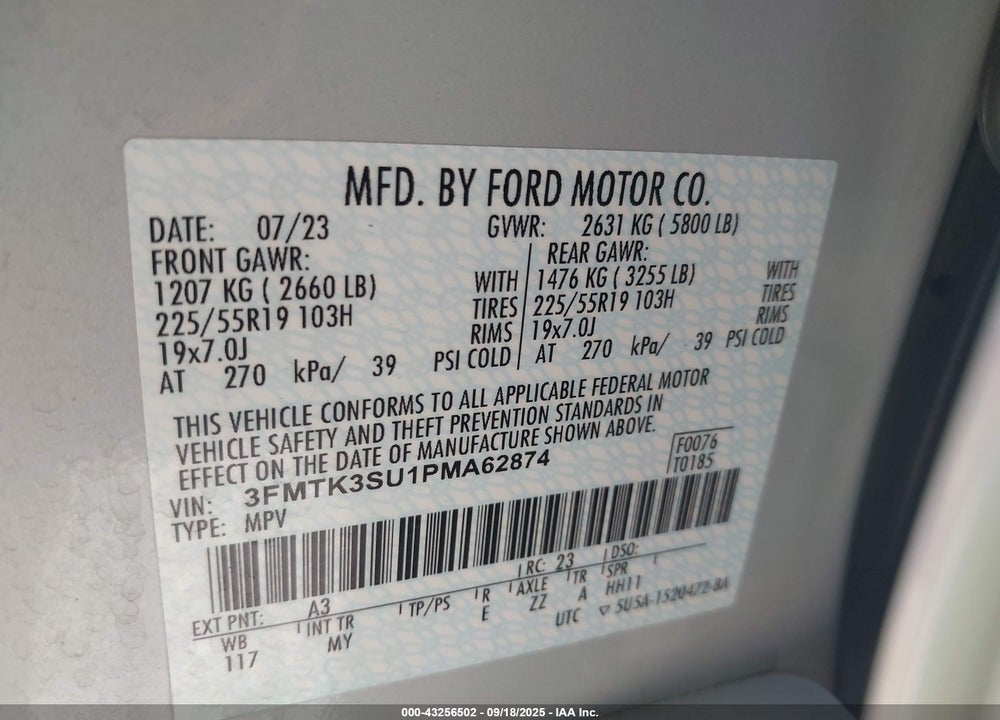 2023 FORD MUSTANG MACH-E VIN: 3FMTK3SU1PMA62874