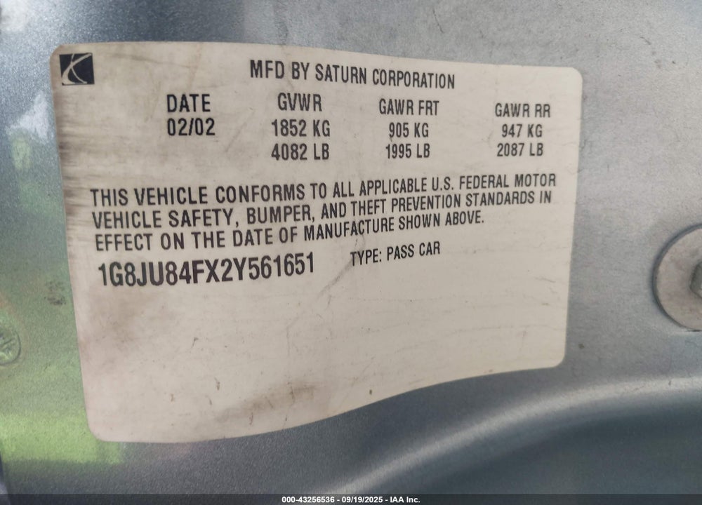 2002 SATURN L-SERIES LW200 VIN: 1G8JU84FX2Y561651