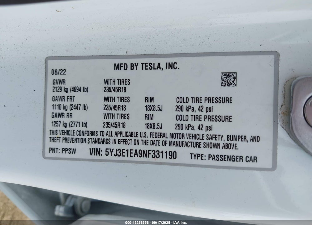 2022 TESLA MODEL 3 VIN: 5YJ3E1EA9NF331190