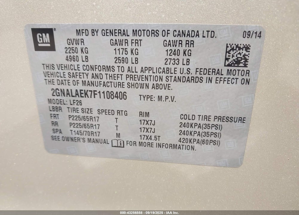 2015 CHEVROLET EQUINOX VIN: 2GNALAEK7F1108406