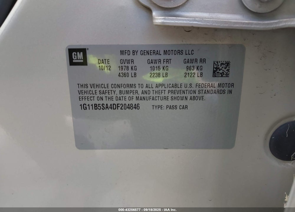 2013 CHEVROLET MALIBU VIN: 1G11B5SA4DF204846