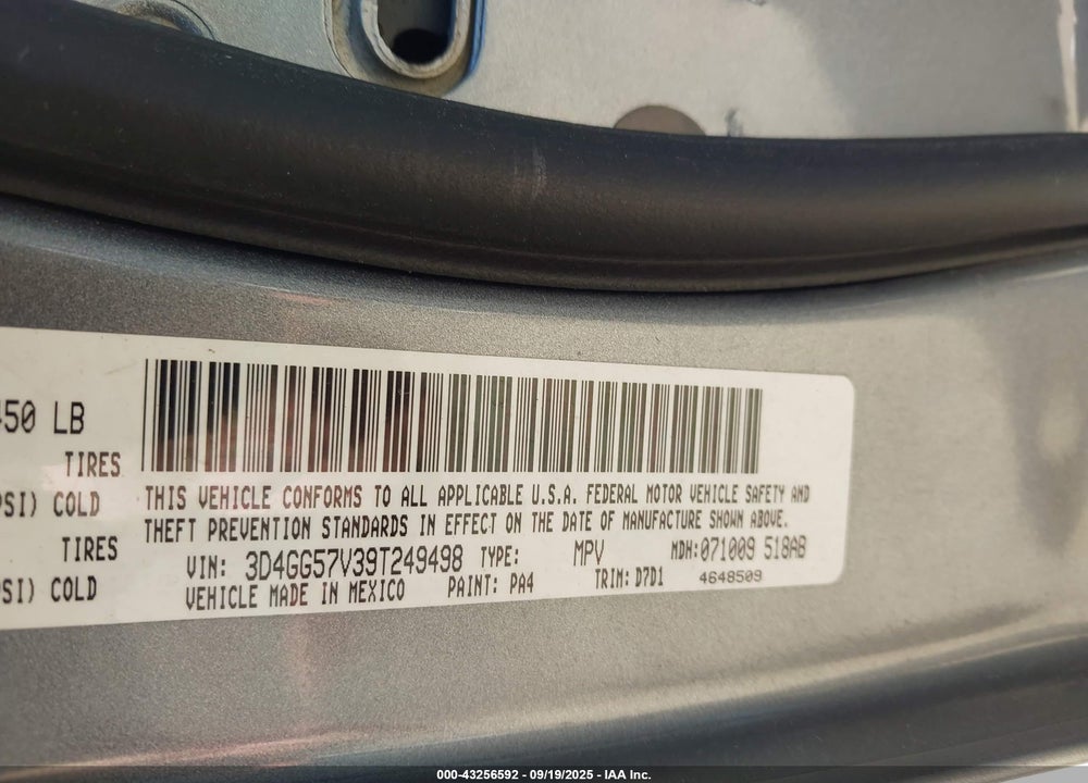 2009 DODGE JOURNEY SXT VIN: 3D4GG57V39T249498