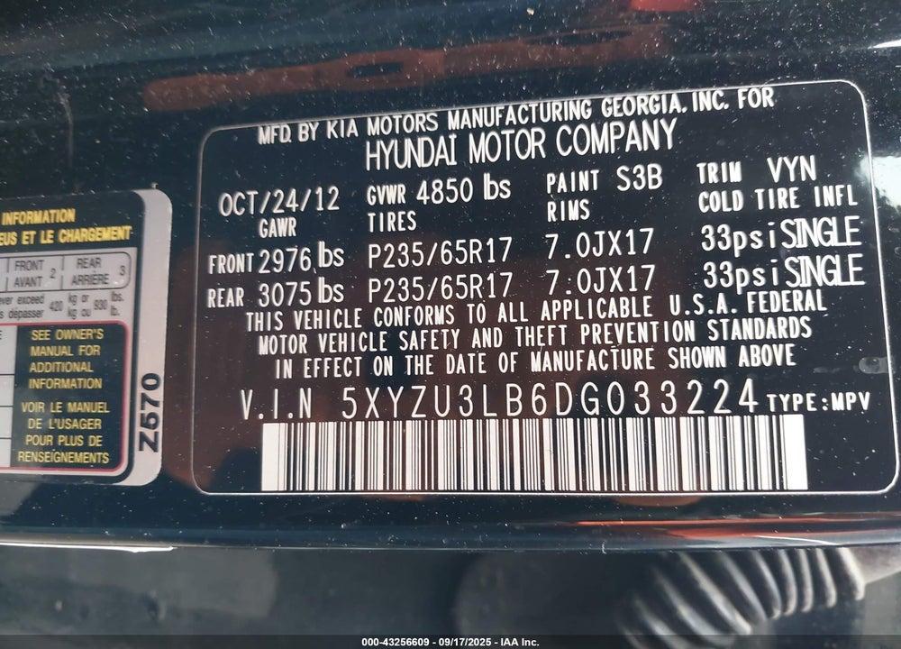 2013 HYUNDAI SANTA FE VIN: 5XYZU3LB6DG033224
