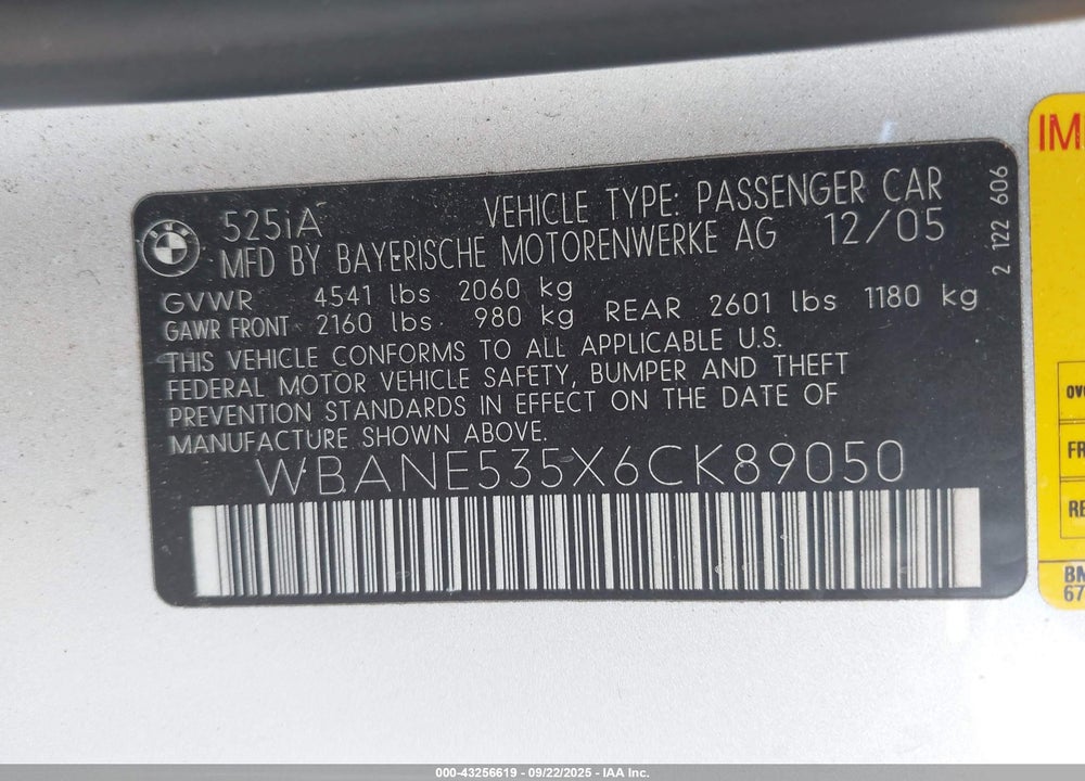 2006 BMW 5 SERIES VIN: WBANE535X6CK89050