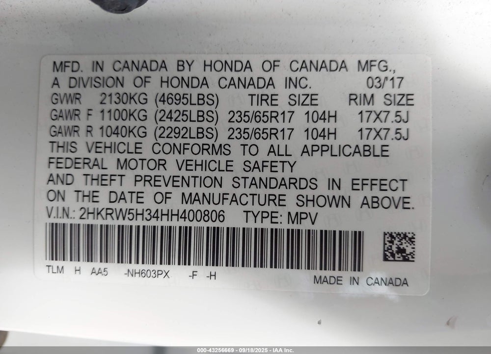 2017 HONDA CR-V LX VIN: 2HKRW5H34HH400806