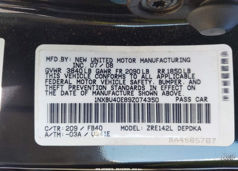 2009 TOYOTA COROLLA VIN: 1NXBU40E89Z074350