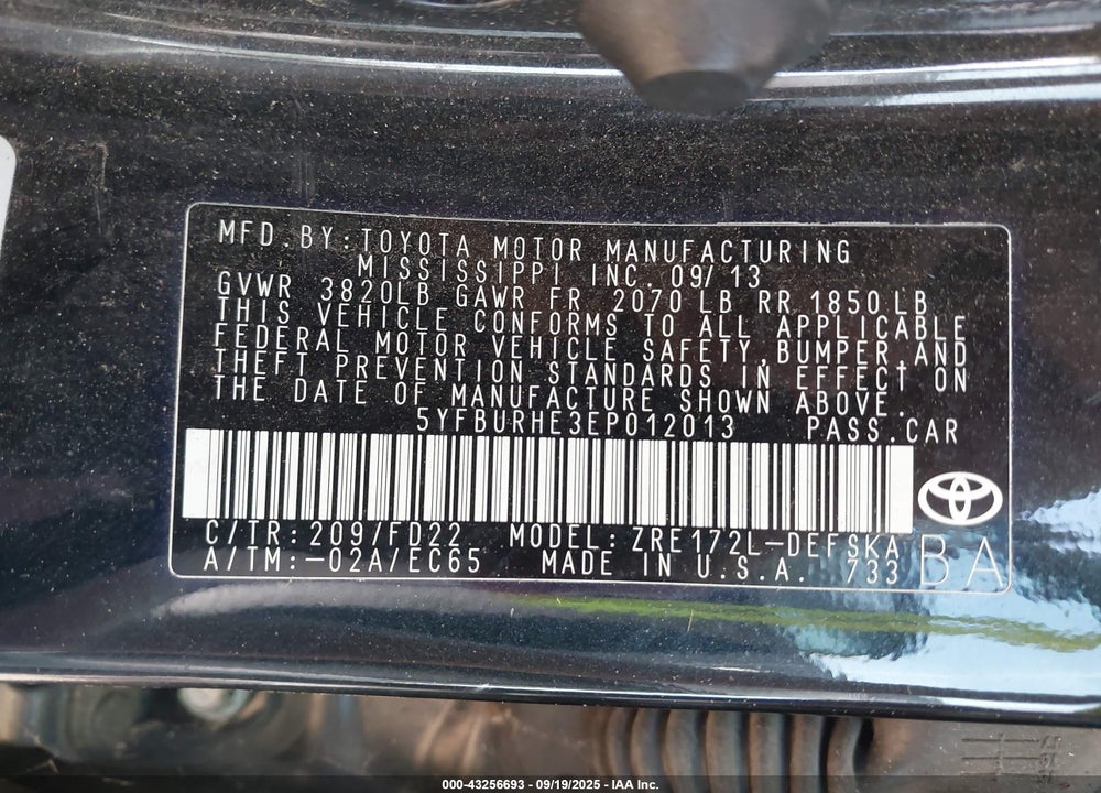 2014 TOYOTA COROLLA VIN: 5YFBURHE3EP012013