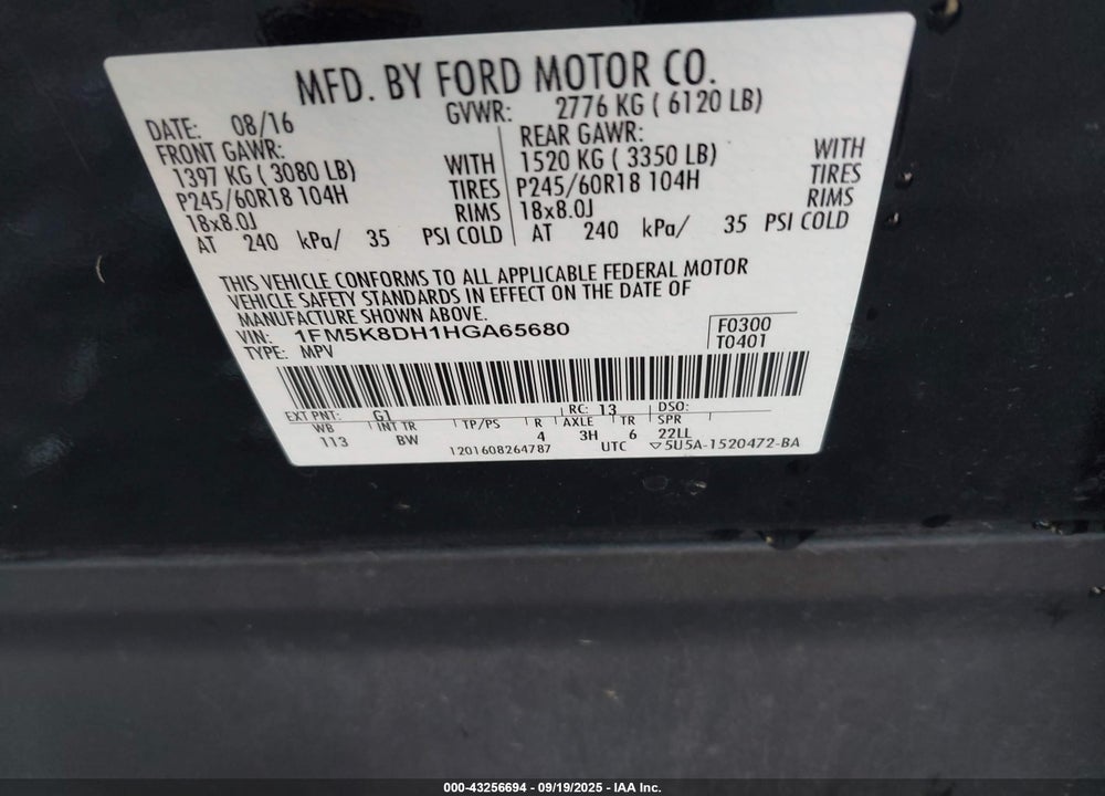 2017 FORD EXPLORER XLT VIN: 1FM5K8DH1HGA65680