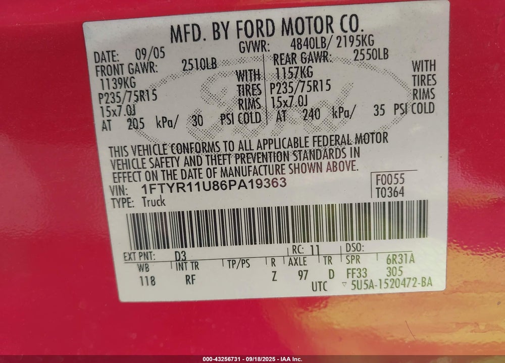 2006 FORD RANGER SPORT/XL/XLT VIN: 1FTYR11U86PA19363