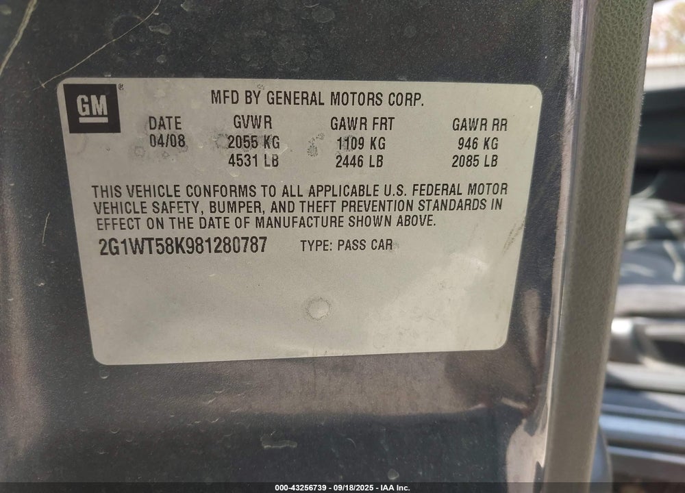 2008 CHEVROLET IMPALA LT VIN: 2G1WT58K981280787