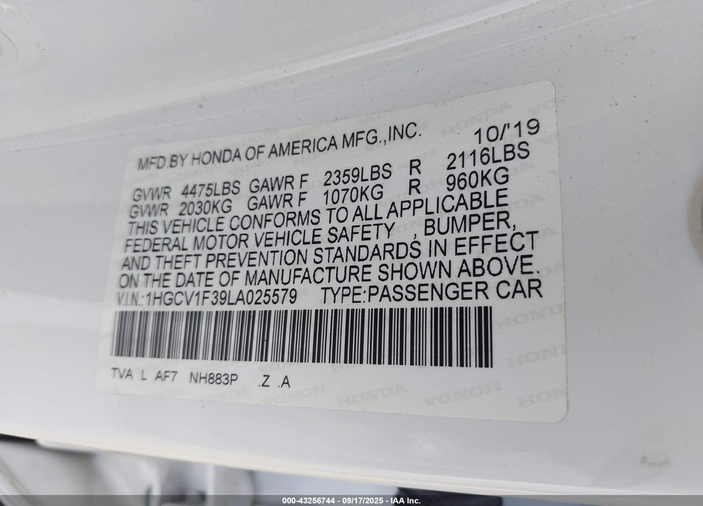 2020 HONDA ACCORD VIN: 1HGCV1F39LA025579