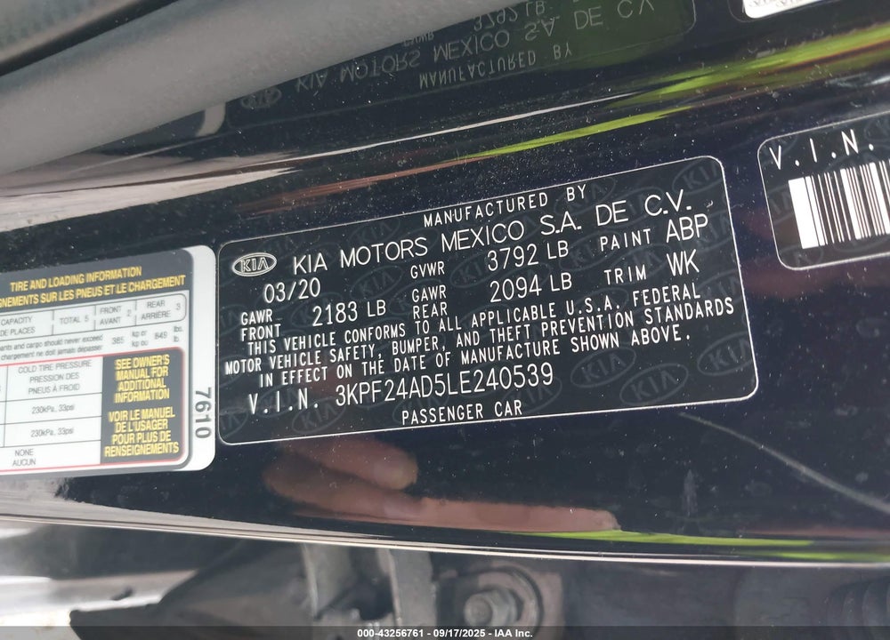 2020 KIA FORTE LXS VIN: 3KPF24AD5LE240539