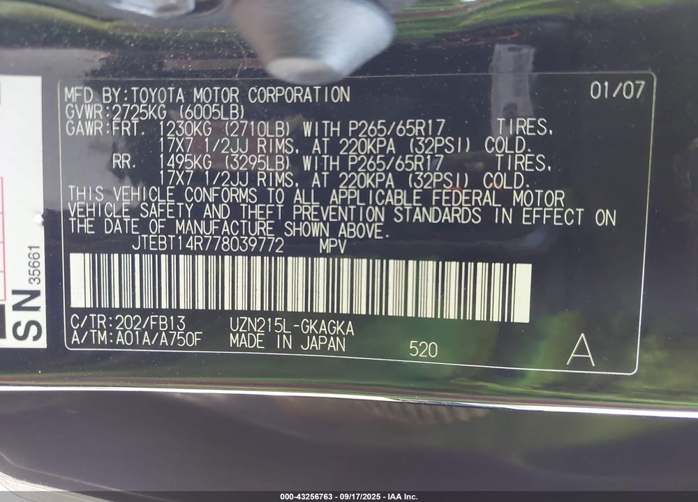 2007 TOYOTA 4RUNNER SPORT V8 VIN: JTEBT14R778039772