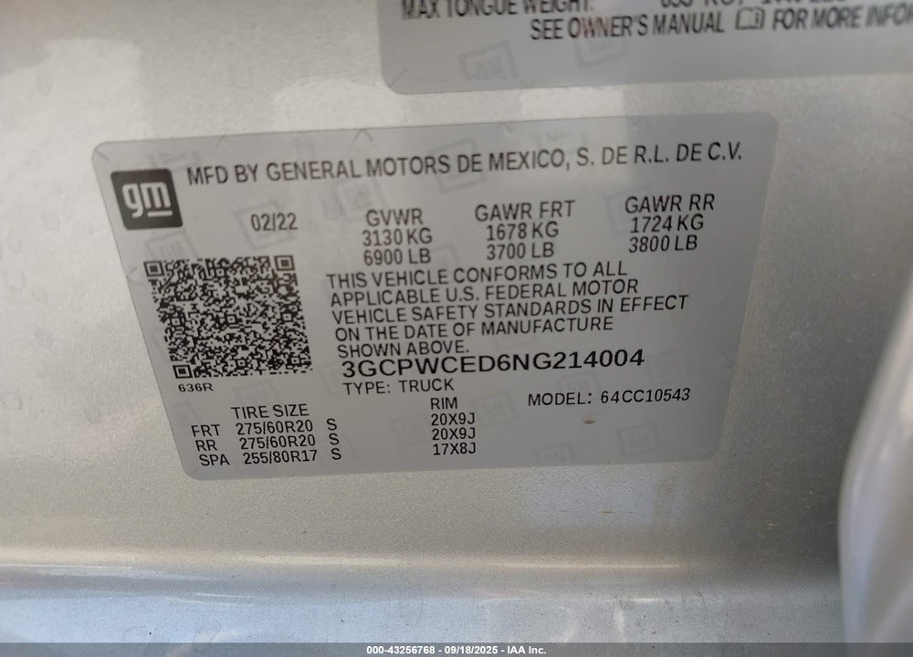 2022 CHEVROLET SILVERADO 1500 LTD 2WD SHORT BED LT VIN: 3GCPWCED6NG214004