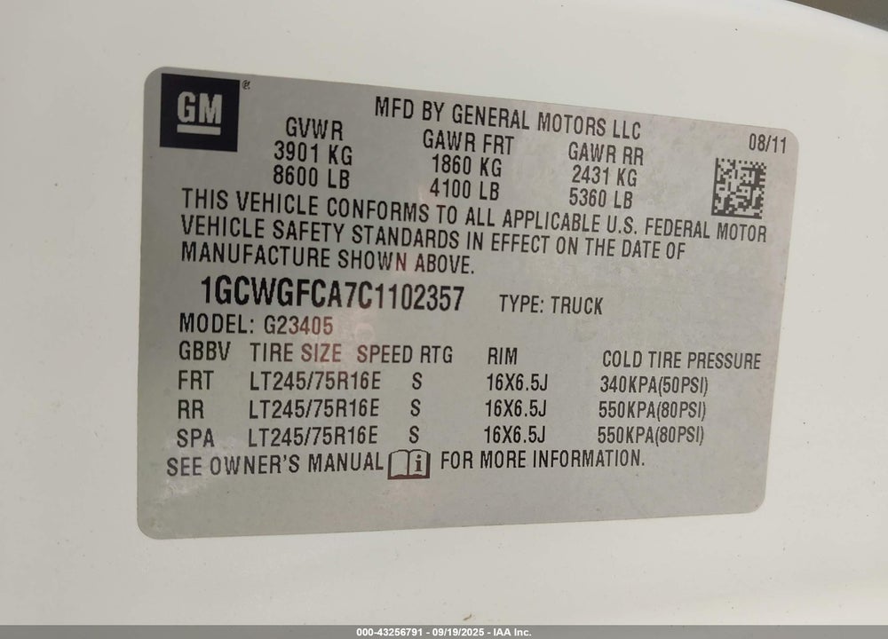 2012 CHEVROLET EXPRESS 2500 WORK VAN VIN: 1GCWGFCA7C1102357