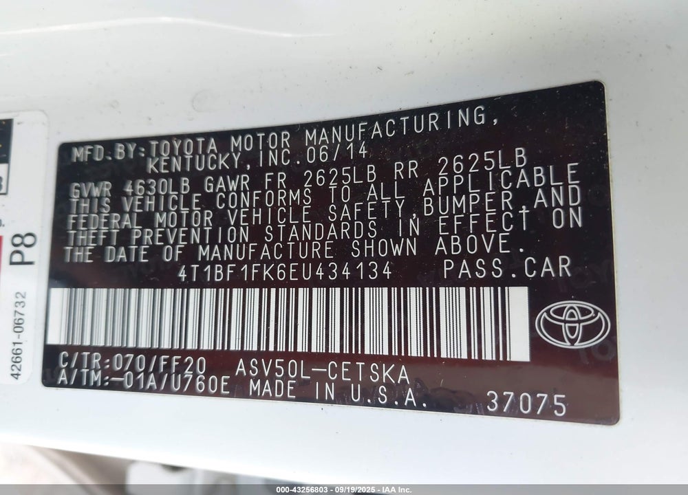 2014 TOYOTA CAMRY SE SPORT VIN: 4T1BF1FK6EU434134