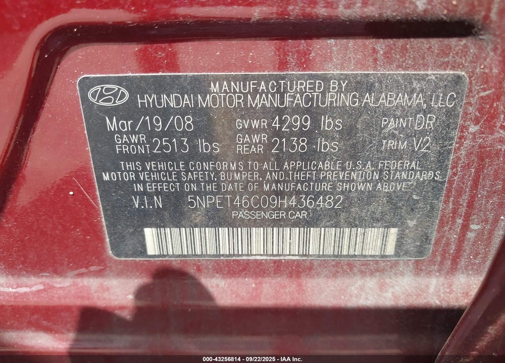 2009 HYUNDAI SONATA VIN: 5NPET46C09H436482
