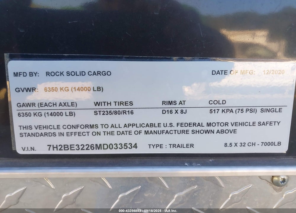 2021 ROCK SOLID CARGO 32' ENCLOSED TRAILER VIN: 7H2BE3226MD033534