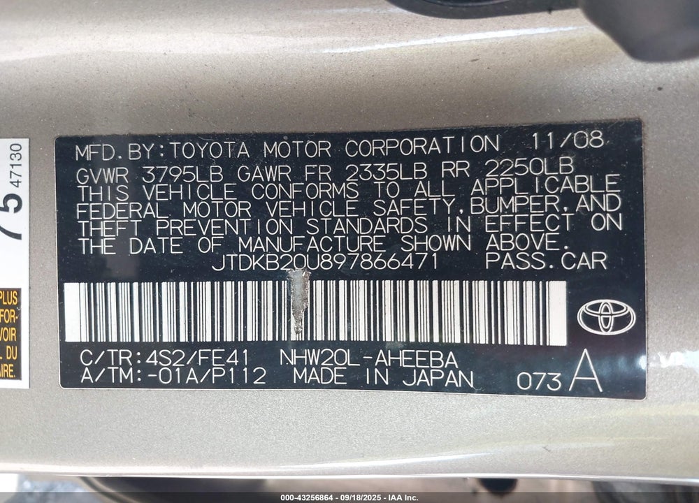 2009 TOYOTA PRIUS VIN: JTDKB20U897866471