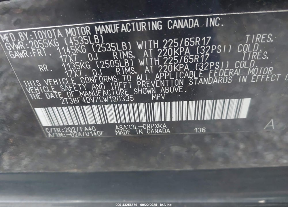 2012 TOYOTA RAV4 VIN: 2T3BF4DV7CW190335