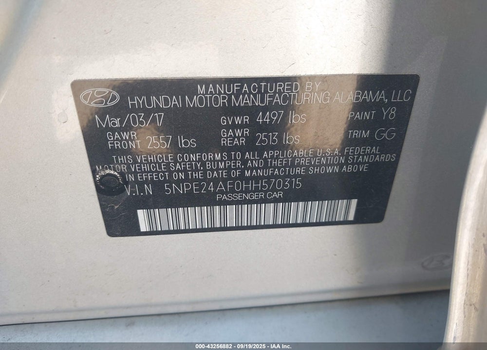 2017 HYUNDAI SONATA SE VIN: 5NPE24AF0HH570315
