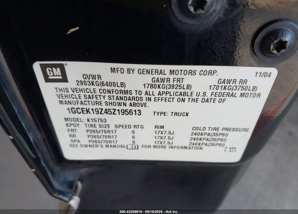 2005 CHEVROLET SILVERADO 1500 LS VIN: 1GCEK19Z45Z195613
