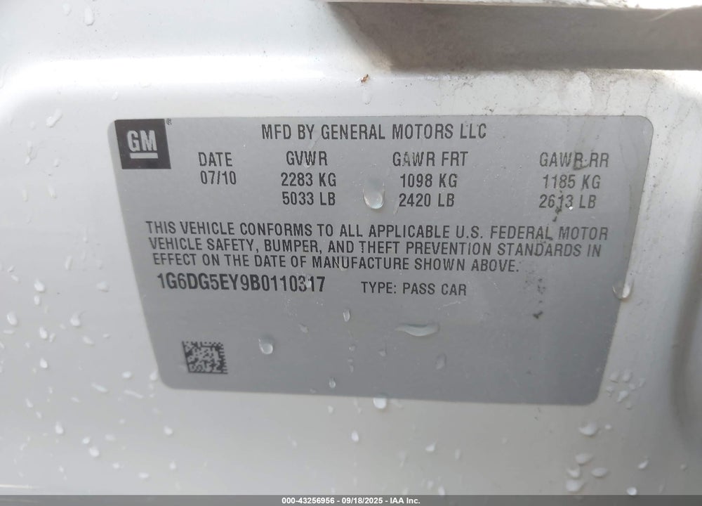 2011 CADILLAC CTS VIN: 1G6DG5EY9B0110317