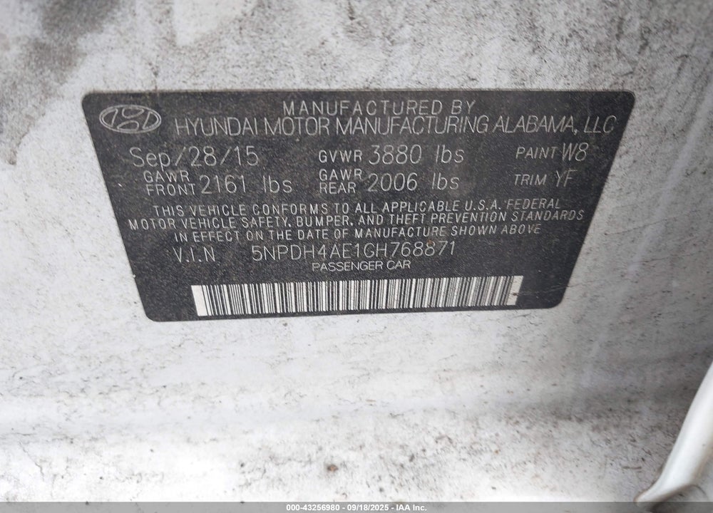 2016 HYUNDAI ELANTRA SE VIN: 5NPDH4AE1GH768871