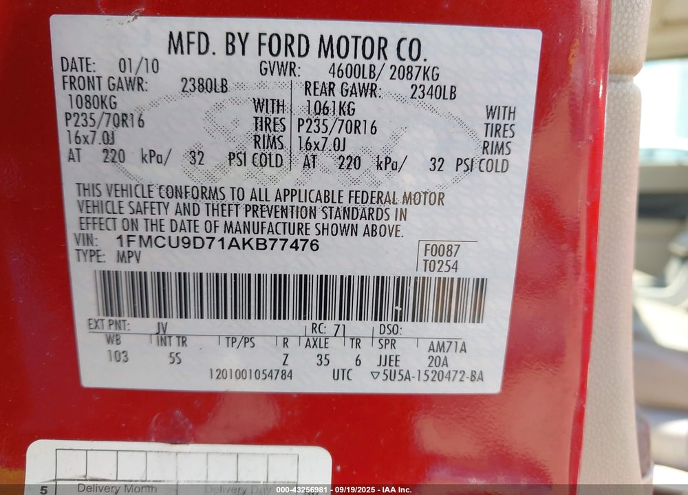 2010 FORD ESCAPE VIN: 1FMCU9D71AKB77476