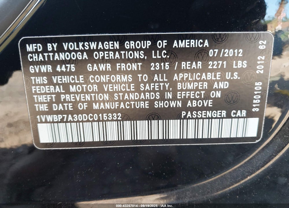 2013 VOLKSWAGEN PASSAT VIN: 1VWBP7A30DC015332