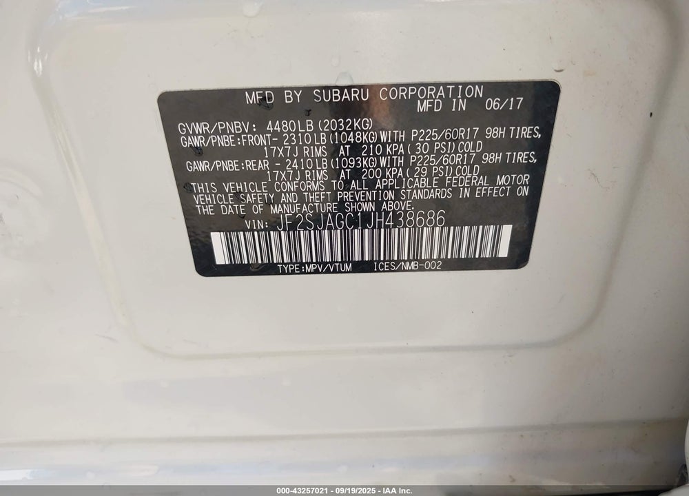 2018 SUBARU FORESTER 2.5I PREMIUM VIN: JF2SJAGC1JH438686