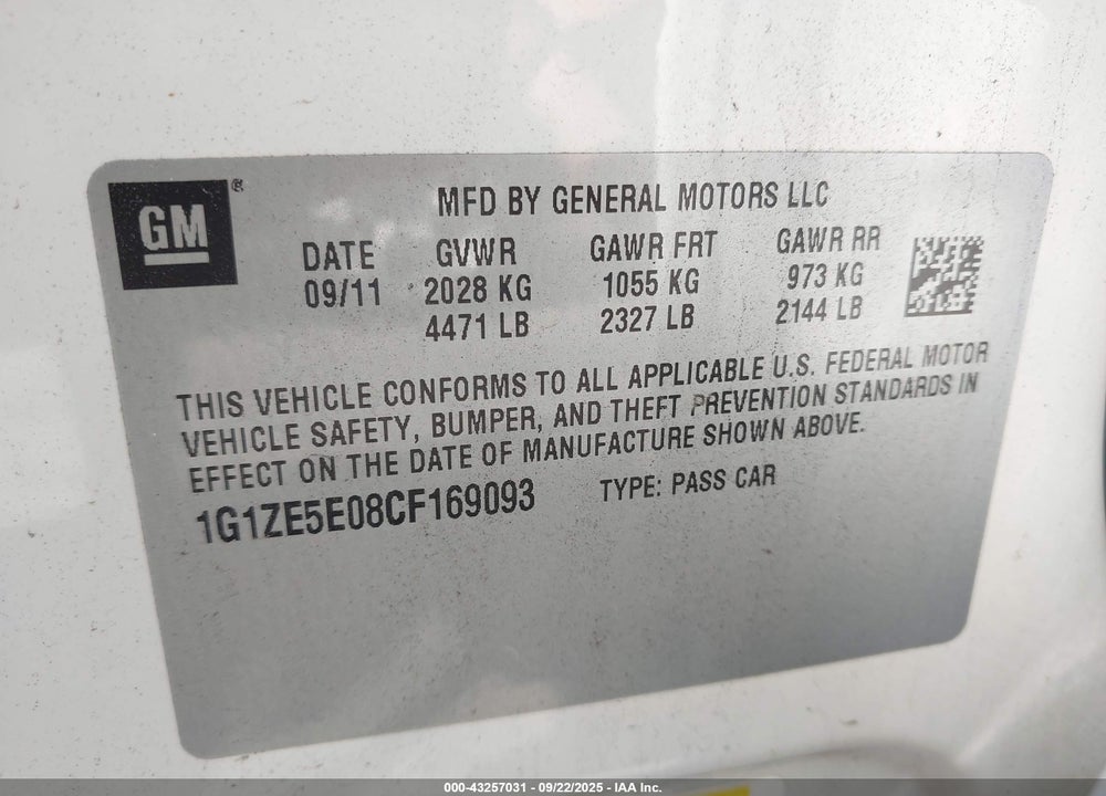 2012 CHEVROLET MALIBU VIN: 1G1ZE5E08CF169093