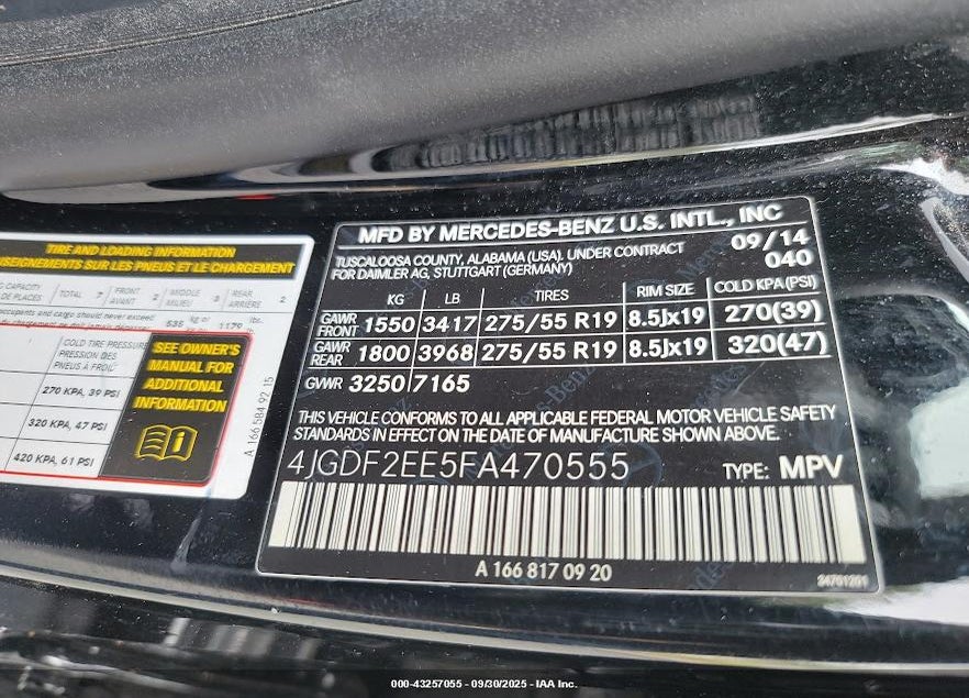 2015 MERCEDES-BENZ GL-CLASS VIN: 4JGDF2EE5FA470555
