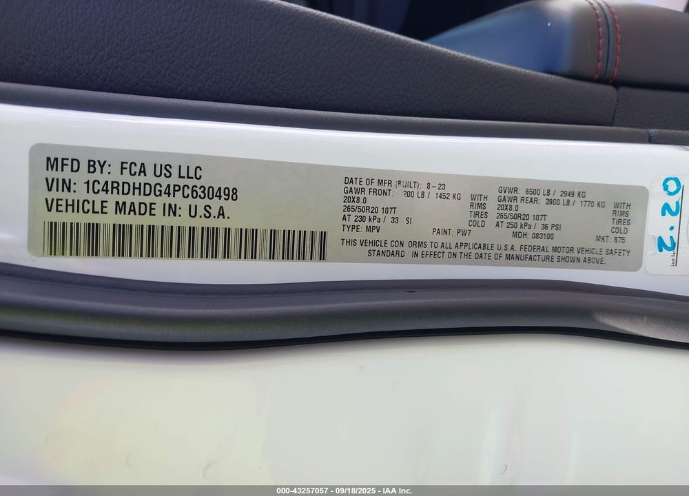 2023 DODGE DURANGO VIN: 1C4RDHDG4PC630498